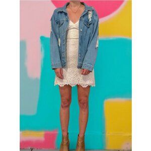 Love Tree Distressed Denim Trucker Jacket, Size Small